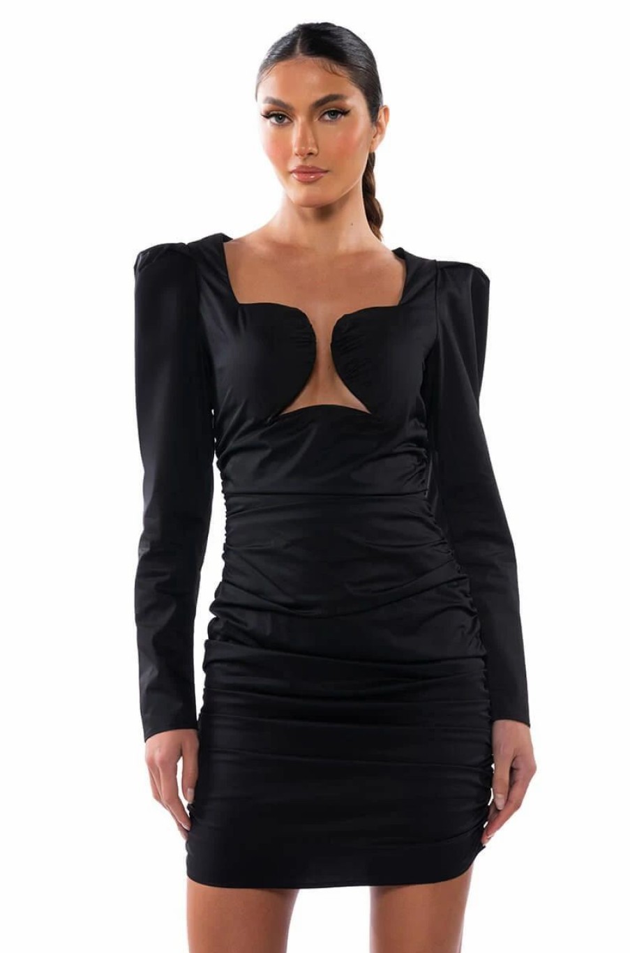 Mini Dresses * | Cause A Commotion Ruched Puff Sleeve Mini Dress In Black