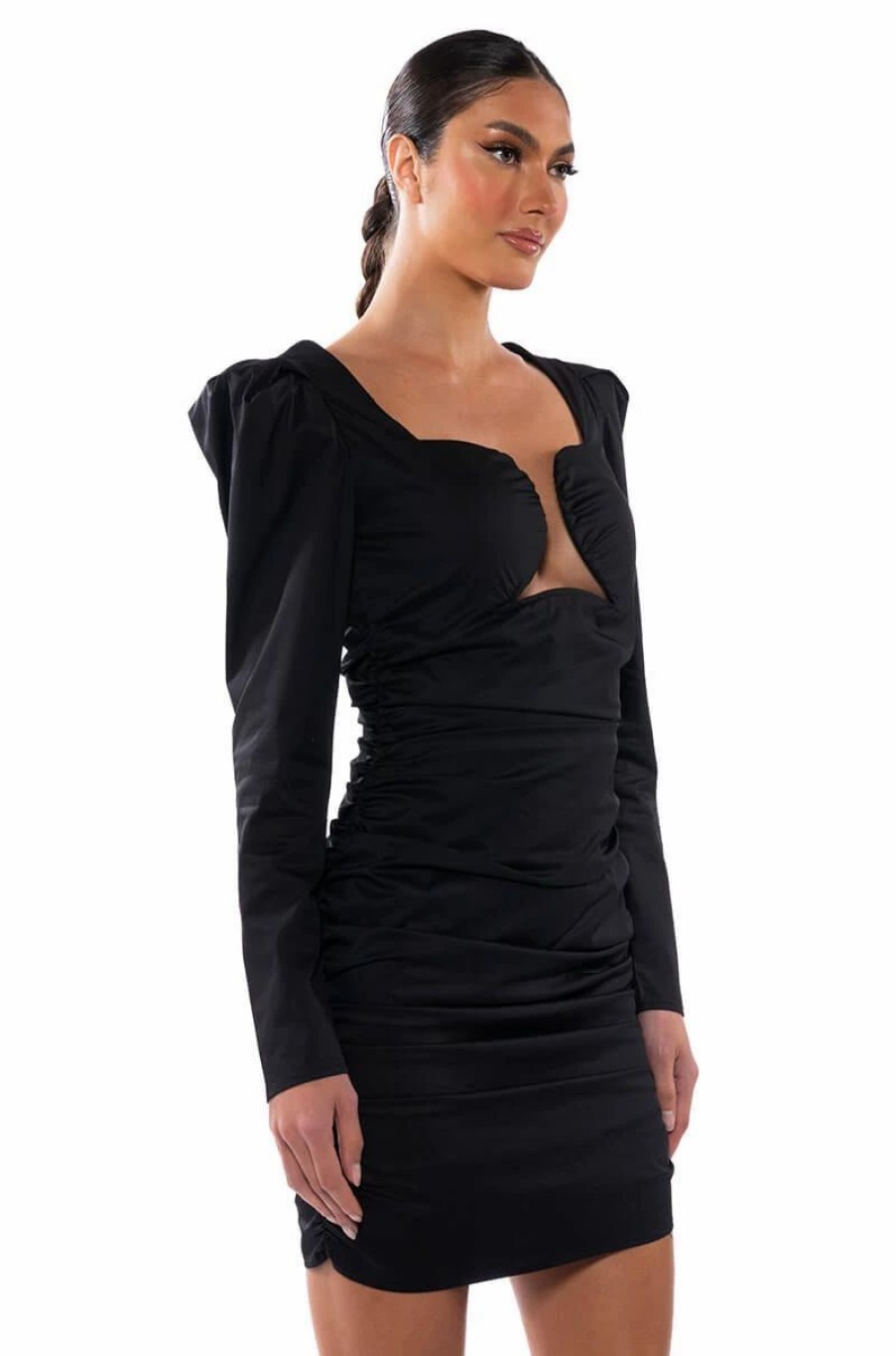 Mini Dresses * | Cause A Commotion Ruched Puff Sleeve Mini Dress In Black