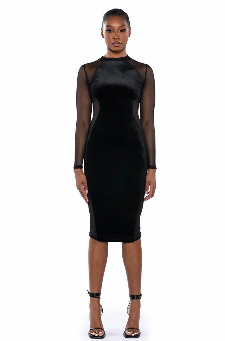 Sexy Dresses * | Stop And Stare Velvet Detail Mesh Midi Dress Black