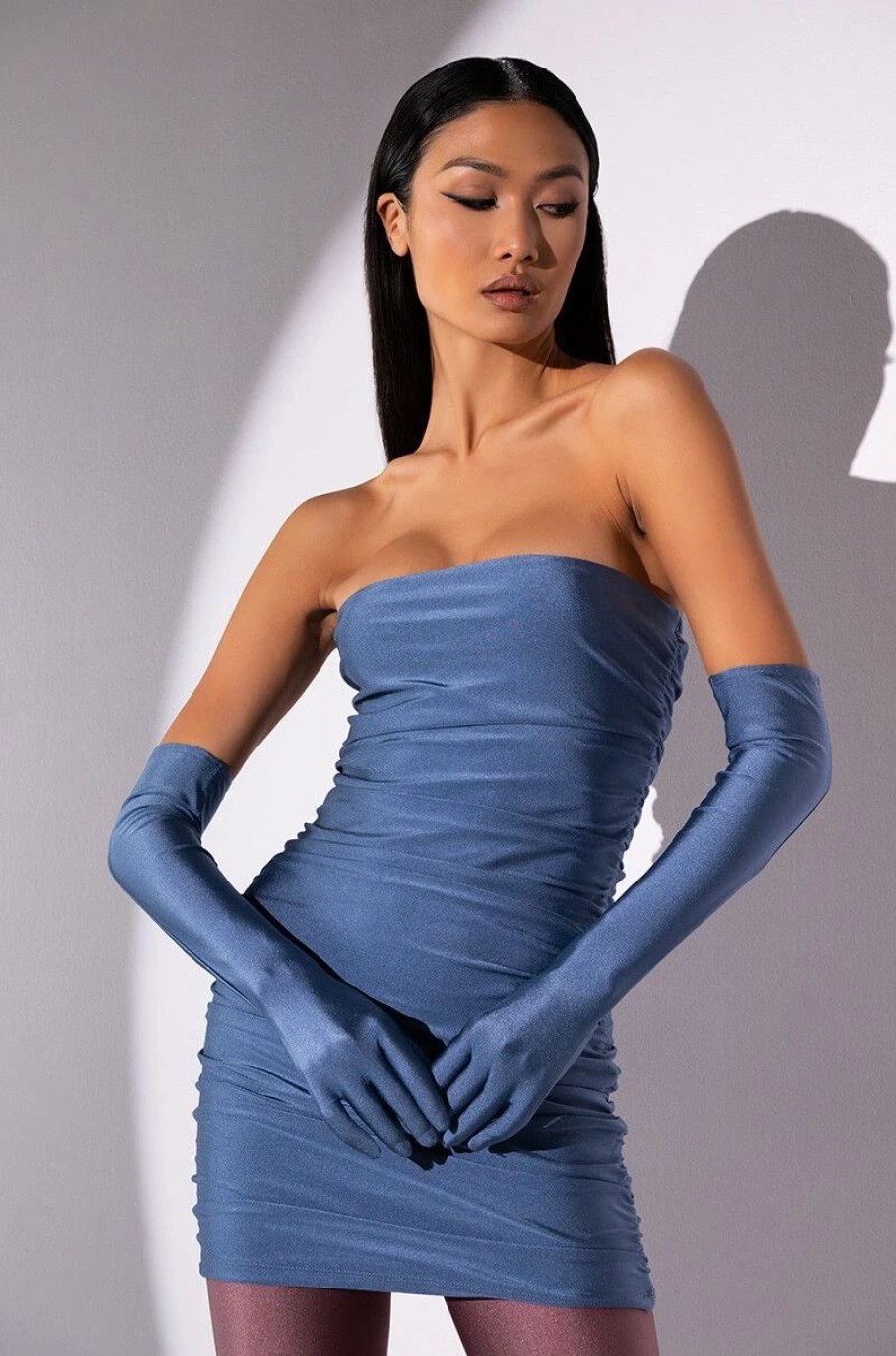 Mini Dresses * | Star Stretch Ruched Strapless Mini Dress With Long Gloves In Light Blue