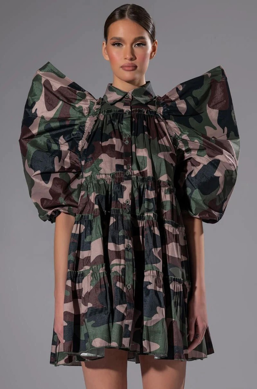 Mini Dresses * | Ruffle Sleeve Print Trapeze Mini Dress Camo