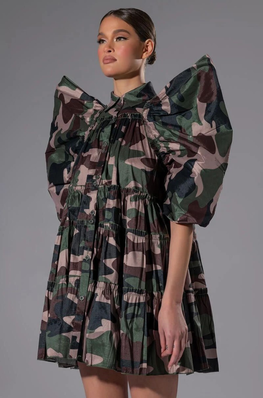 Mini Dresses * | Ruffle Sleeve Print Trapeze Mini Dress Camo