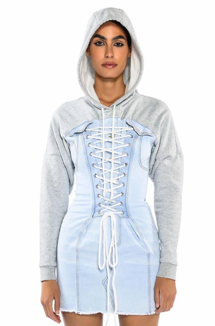 Mini Dresses * | The Last Word Lace Up Denim Hoodie Mini Dress Light Blue