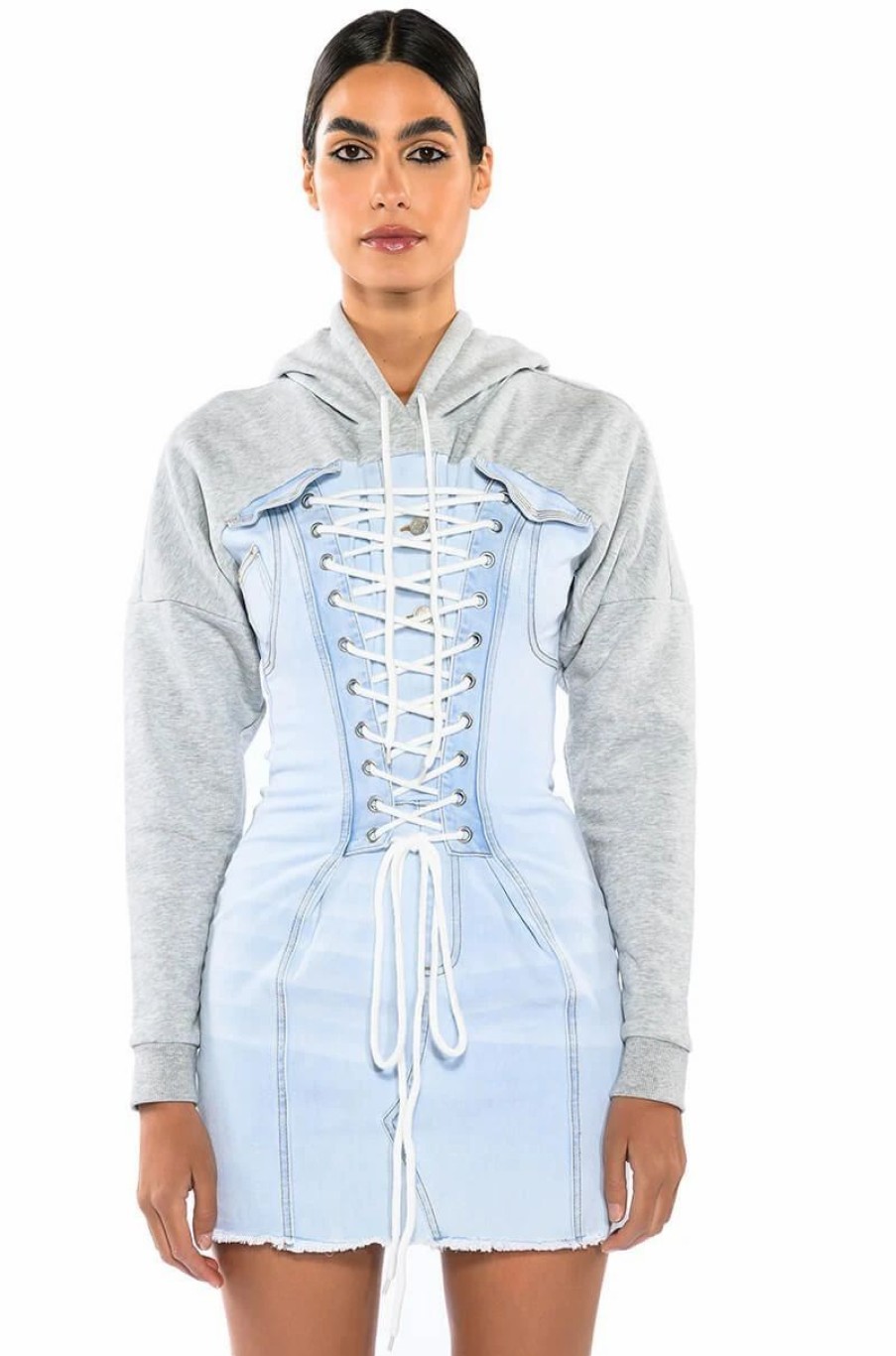 Mini Dresses * | The Last Word Lace Up Denim Hoodie Mini Dress Light Blue