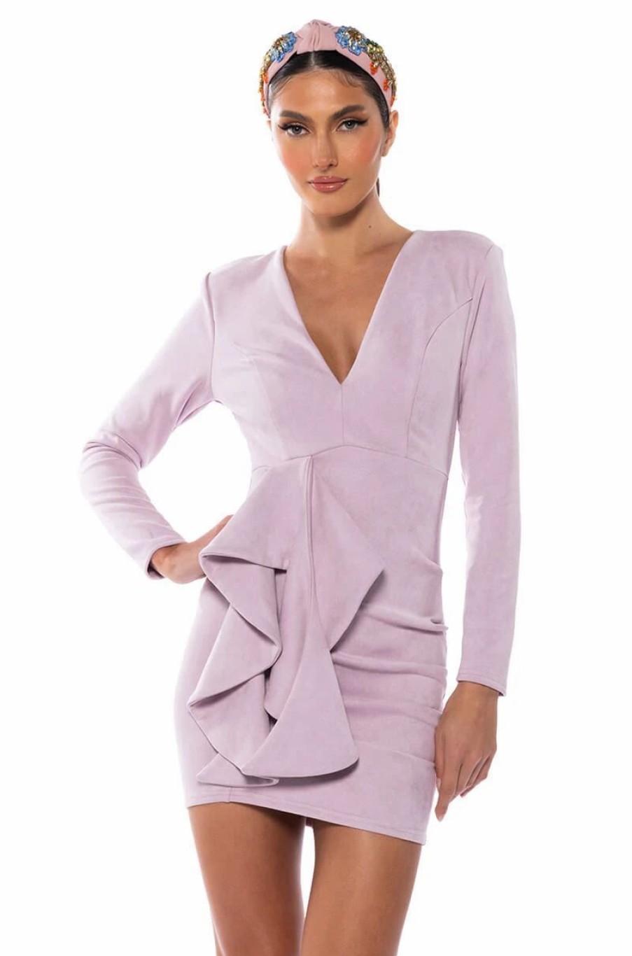 Mini Dresses * | Amara Faux Suede Long Sleeve Mini Dress Light Purple