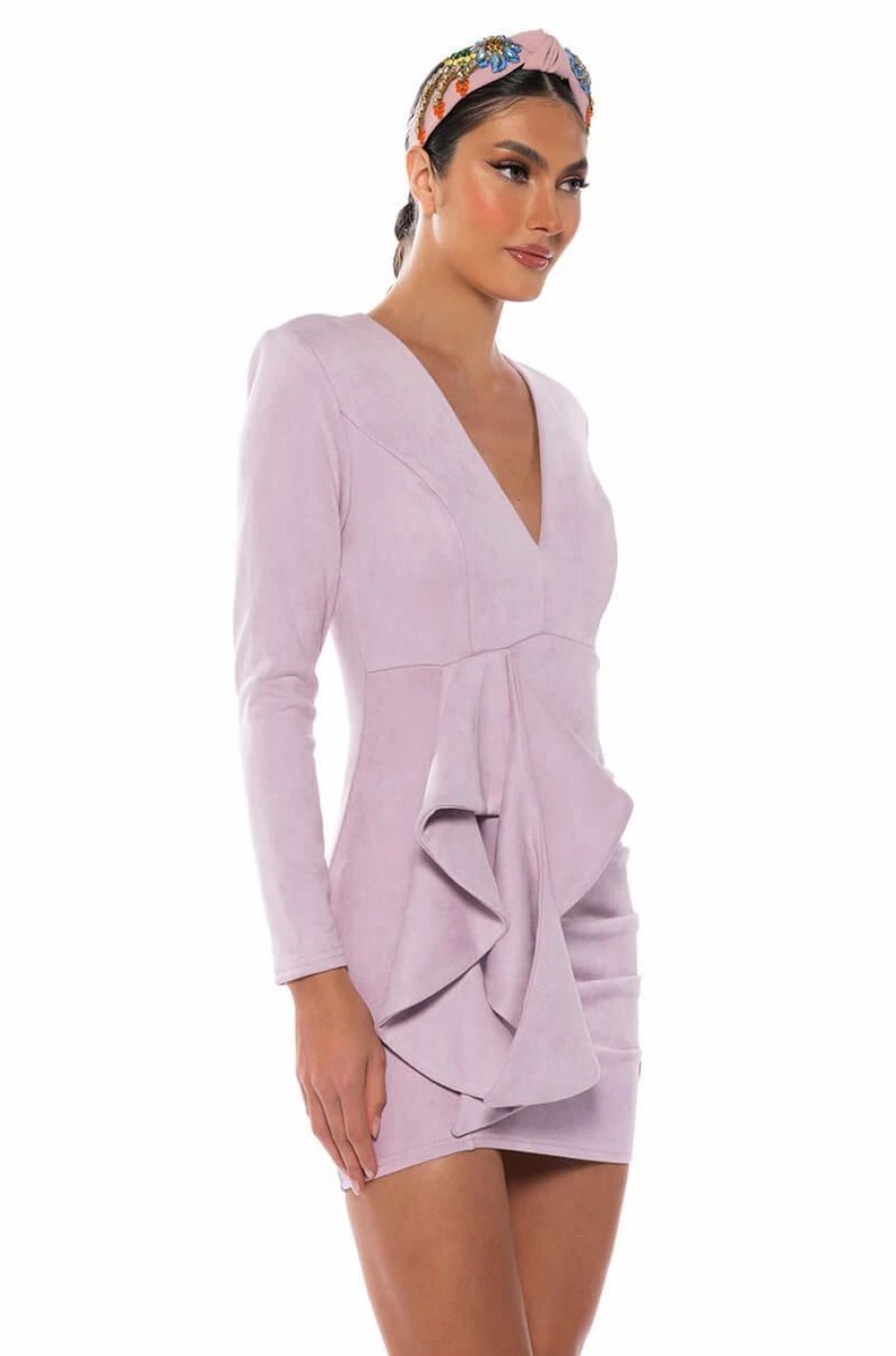 Mini Dresses * | Amara Faux Suede Long Sleeve Mini Dress Light Purple