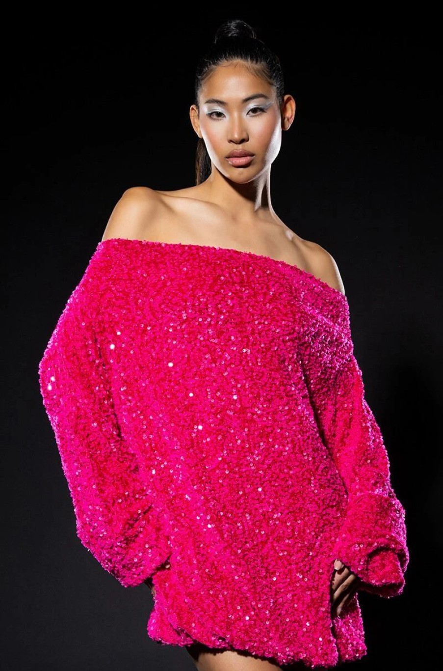 Party Dresses * | Gemma Off The Shoulder Voluminous Sequin Mini Dress Pink