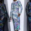 Sexy Dresses * | Talk About Me Holographic Midi Dress Silver Ab