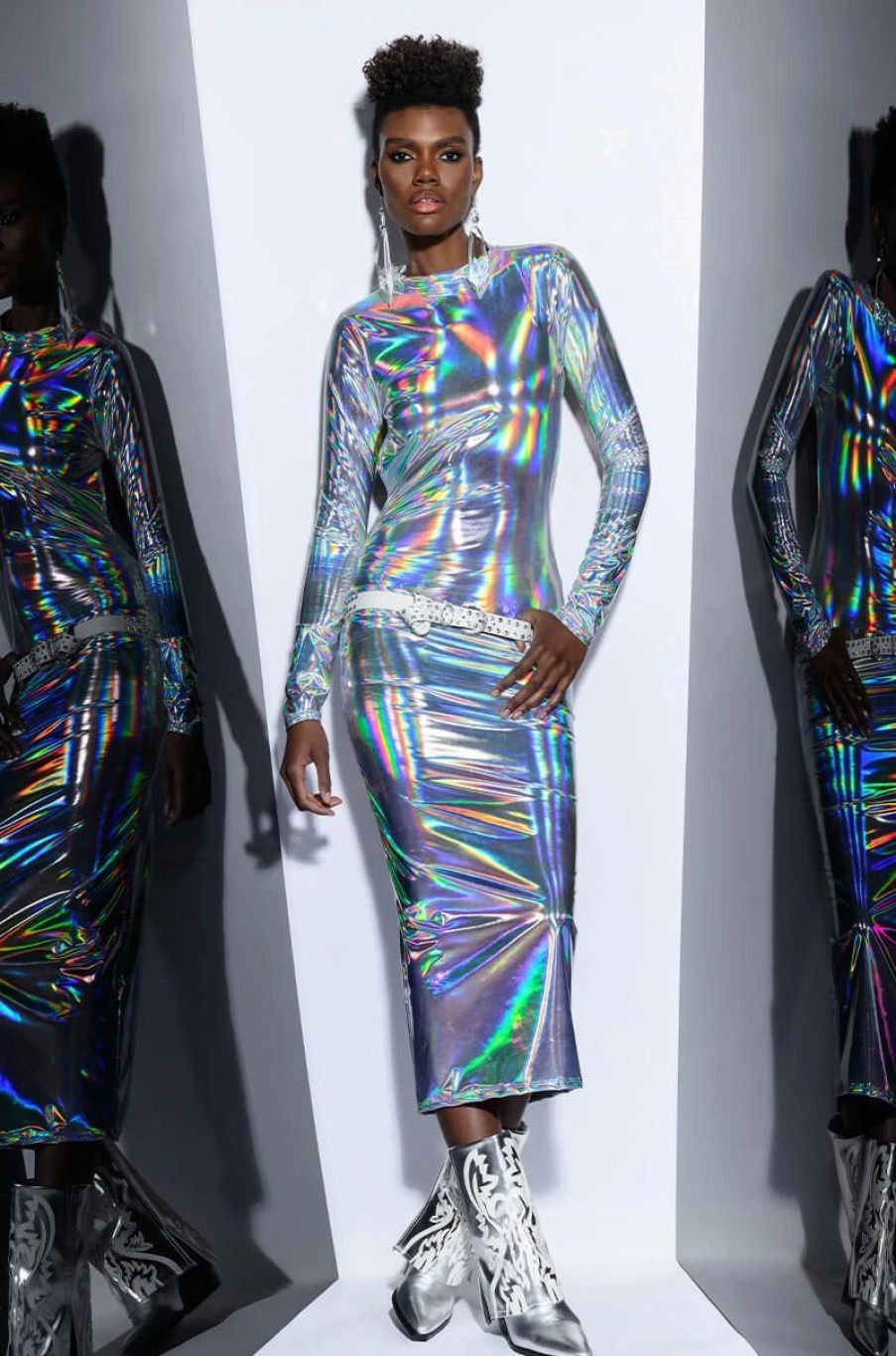 Sexy Dresses * | Talk About Me Holographic Midi Dress Silver Ab