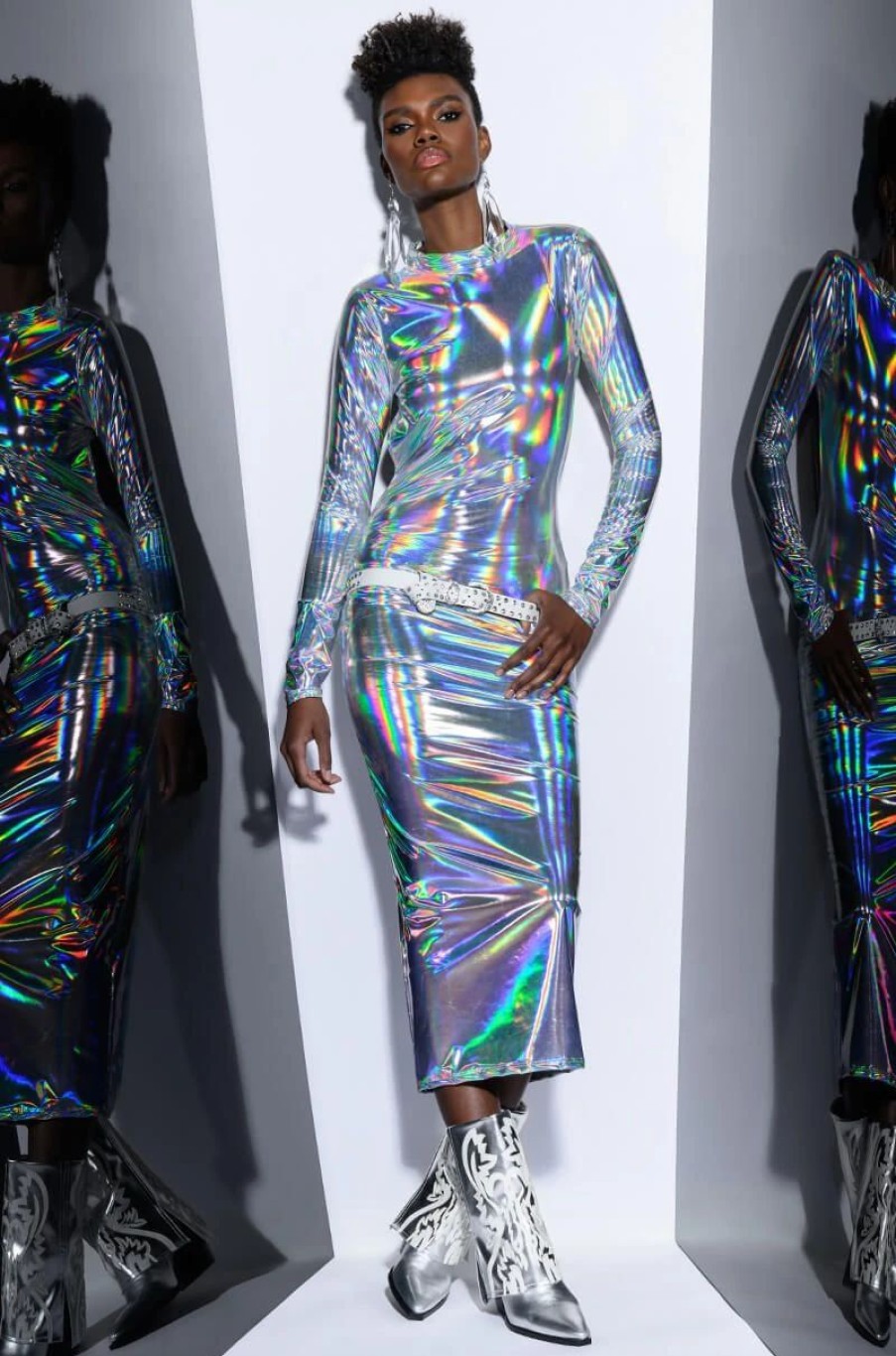 Sexy Dresses * | Talk About Me Holographic Midi Dress Silver Ab