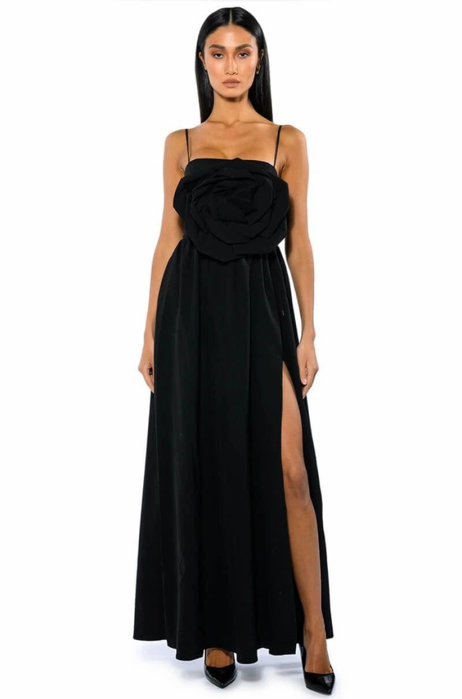 Little Black Dresses * | La Flor Maxi 3D Rose Dress With Slit Black