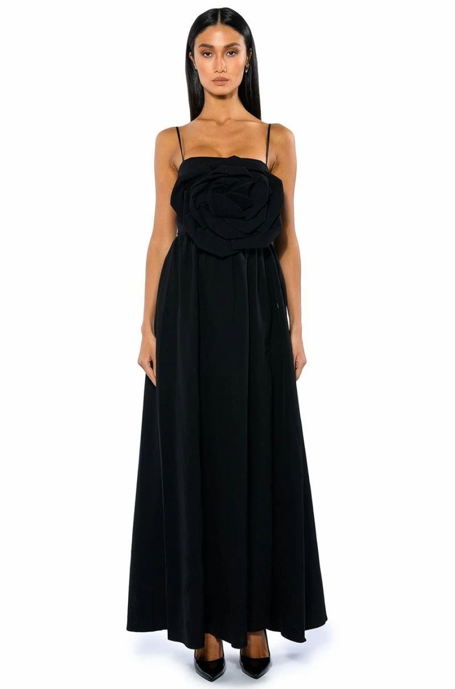 Little Black Dresses * | La Flor Maxi 3D Rose Dress With Slit Black