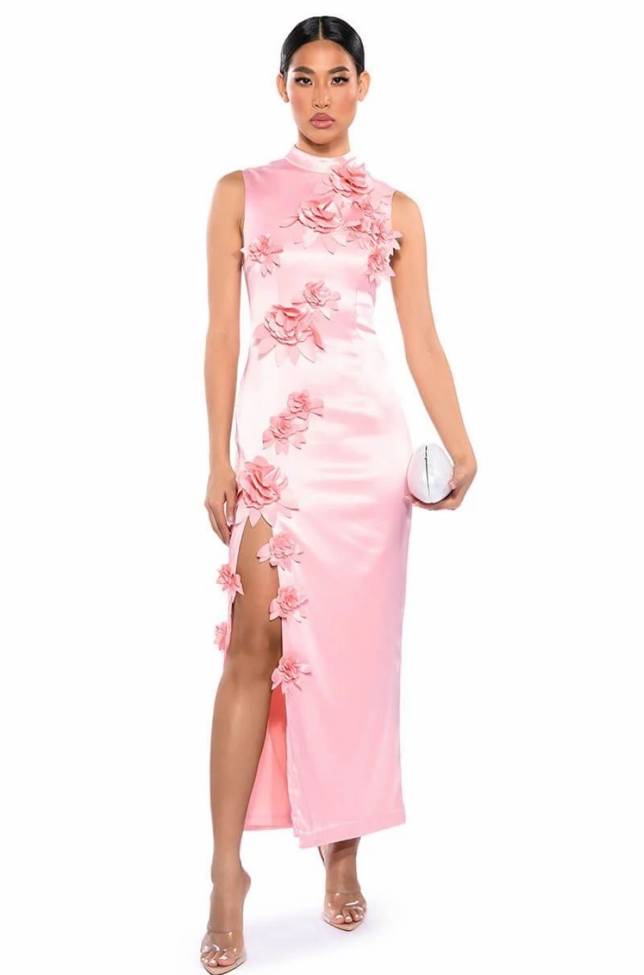 Party Dresses * | Genevieve Floral Maxi Dress With Slit Pink