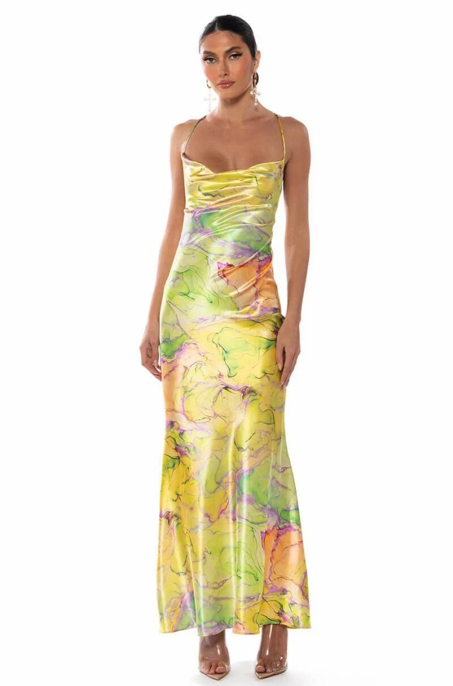 Sexy Dresses * | Going Up Satin Maxi Dress In Lime