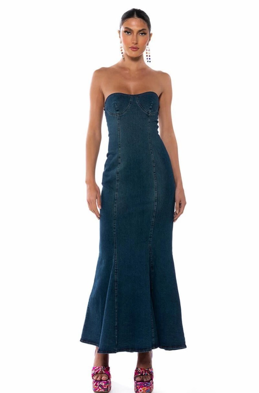 Maxi Dresses * | Dinner Date Vibe Flare Denim Maxi Dress Dark Blue