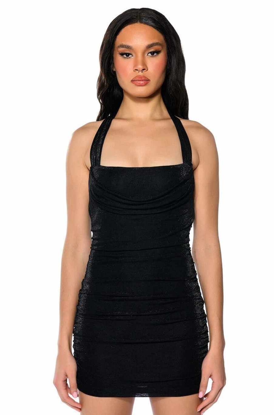 Mini Dresses * | Ruched Halter Mini Dress Black