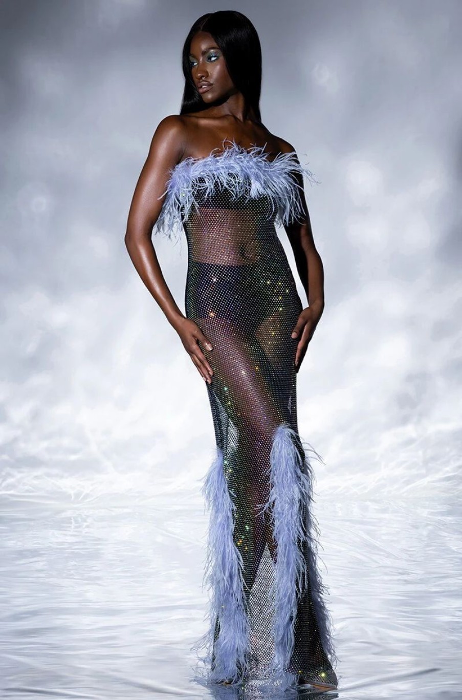 Sexy Dresses * | Violette Rhinestone Mesh Feather Column Dress Black Multi