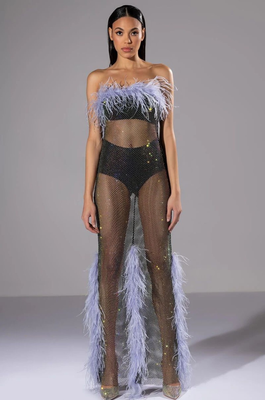 Sexy Dresses * | Violette Rhinestone Mesh Feather Column Dress Black Multi