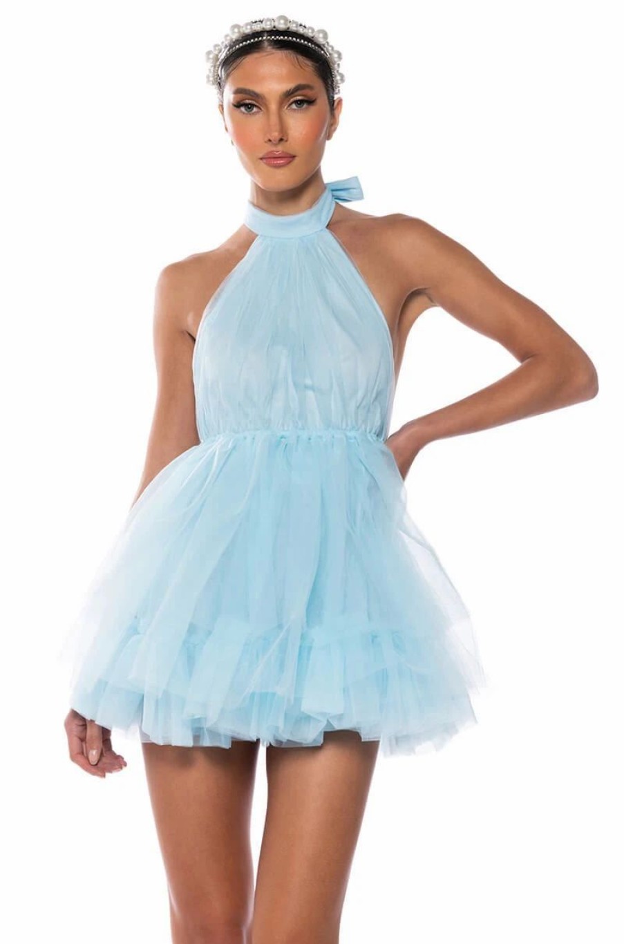 Sexy Dresses * | Darling Diva Tulle Halter Neck Mini Dress In Light Blue