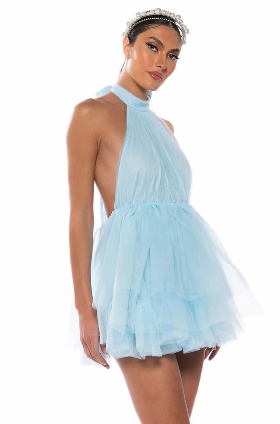 Sexy Dresses * | Darling Diva Tulle Halter Neck Mini Dress In Light Blue