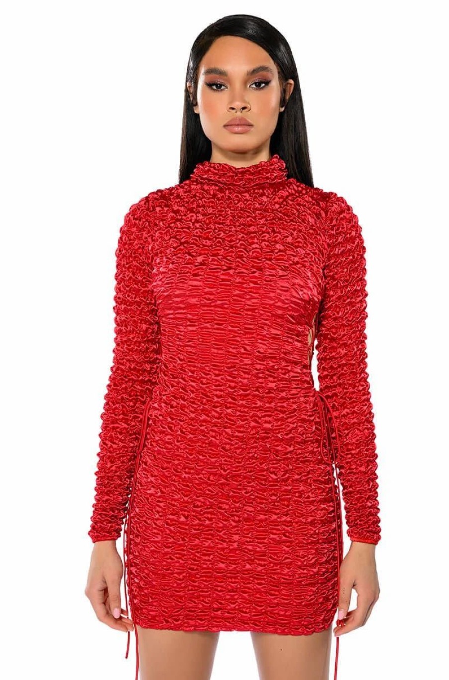 Sexy Dresses * | Beautiful Soul Bubble Stretch Long Sleeve Mini Dress Red