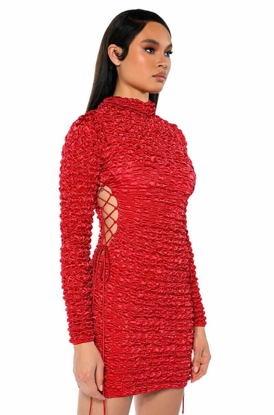 Sexy Dresses * | Beautiful Soul Bubble Stretch Long Sleeve Mini Dress Red