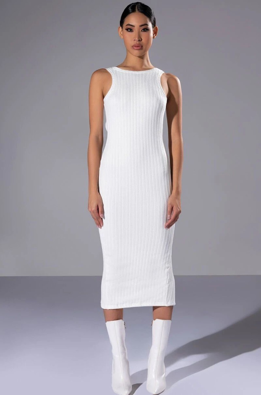 Sexy Dresses * | Pop Out Backless High Neck Knit Midi Dress White