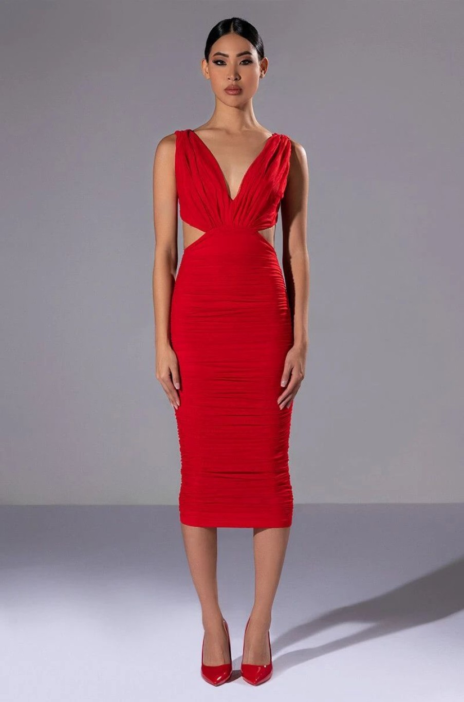 Sexy Dresses * | Always A Slay This Way Low V Neck Midi Dress Red