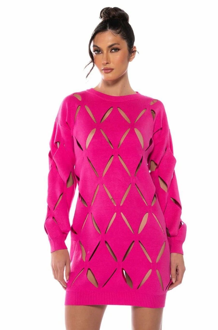 Party Dresses * | Diamond Cut Oversized Sweater Dress Fuchsia