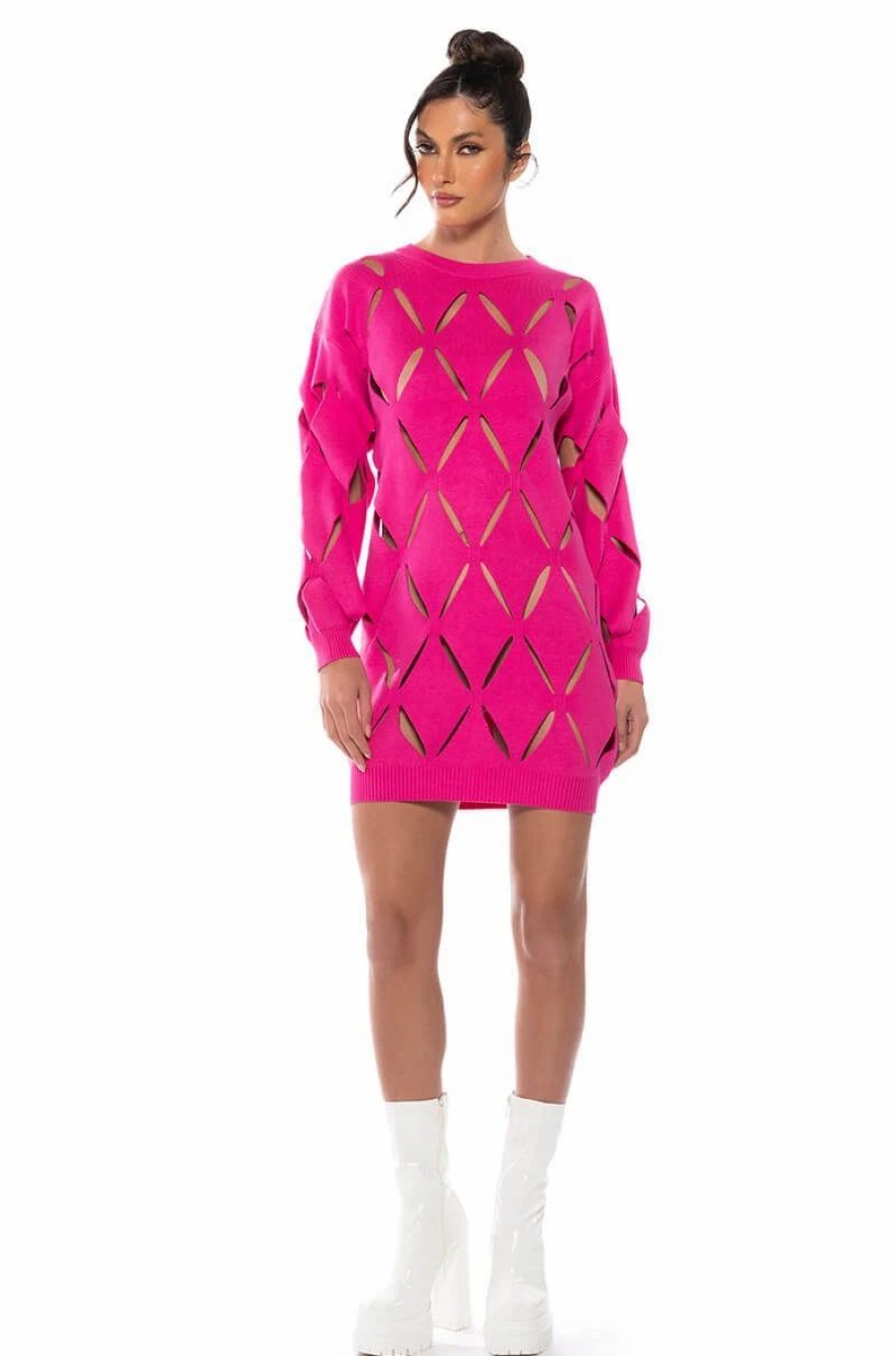 Party Dresses * | Diamond Cut Oversized Sweater Dress Fuchsia