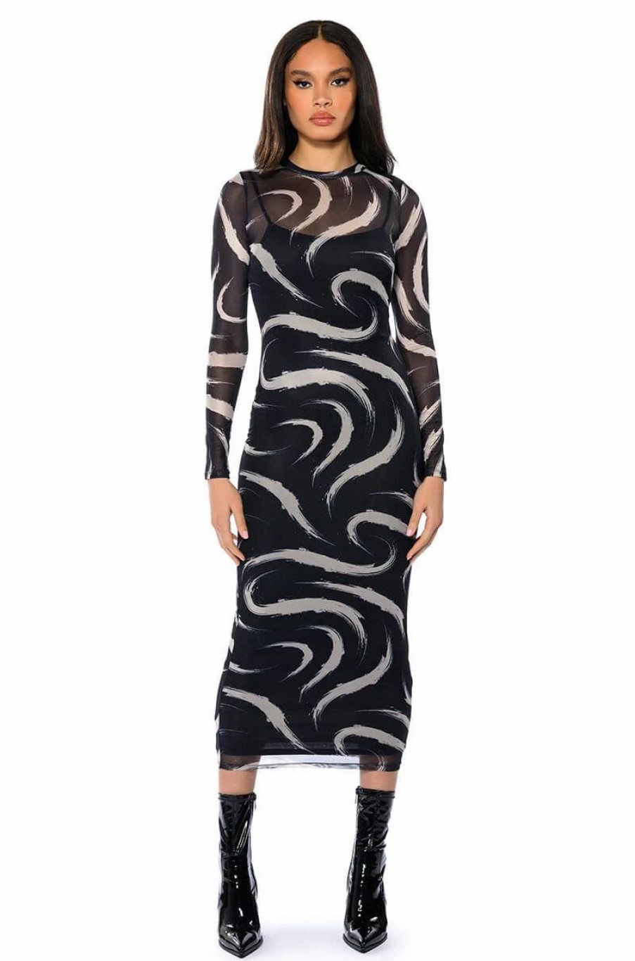 Sexy Dresses * | Wish You Knew Mesh Long Sleeve Midi Dress Black Multi