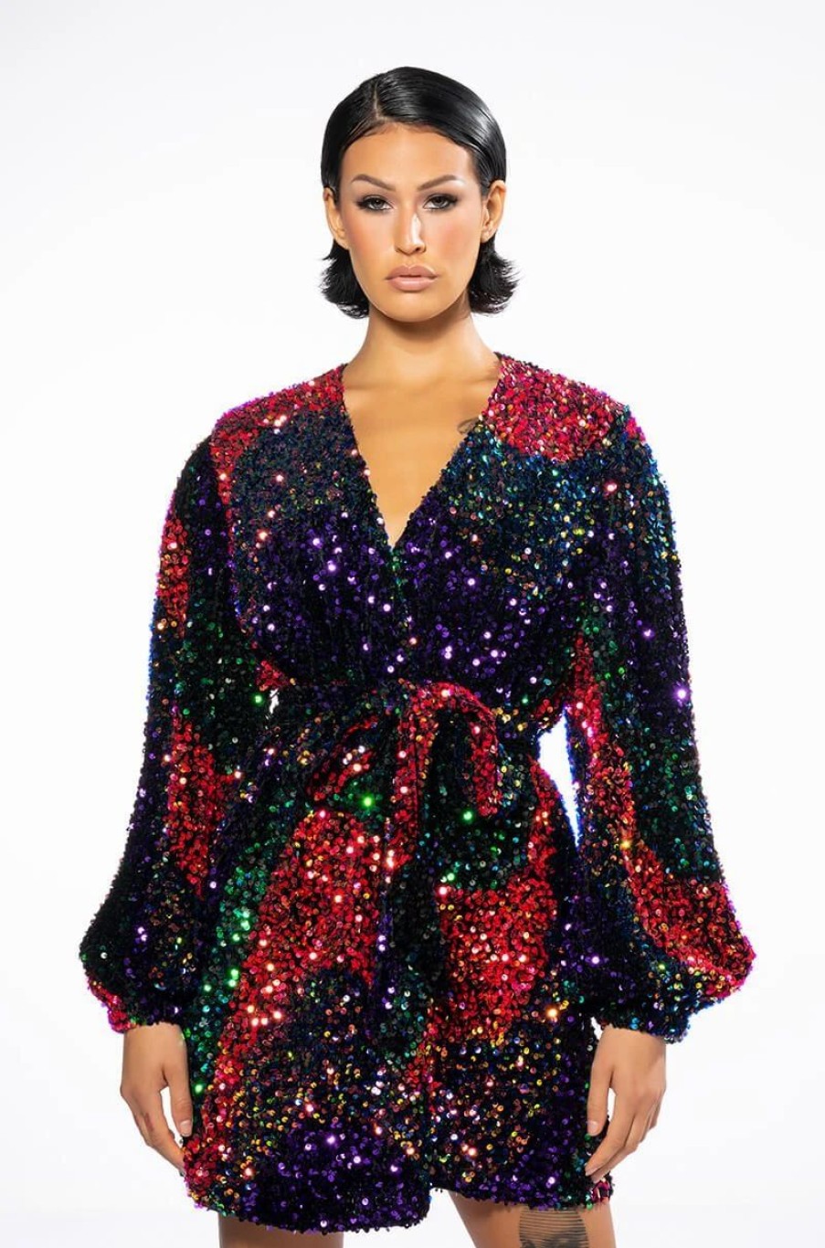 Mini Dresses * | On My Time Sequin Wrap Mini Dress Multi