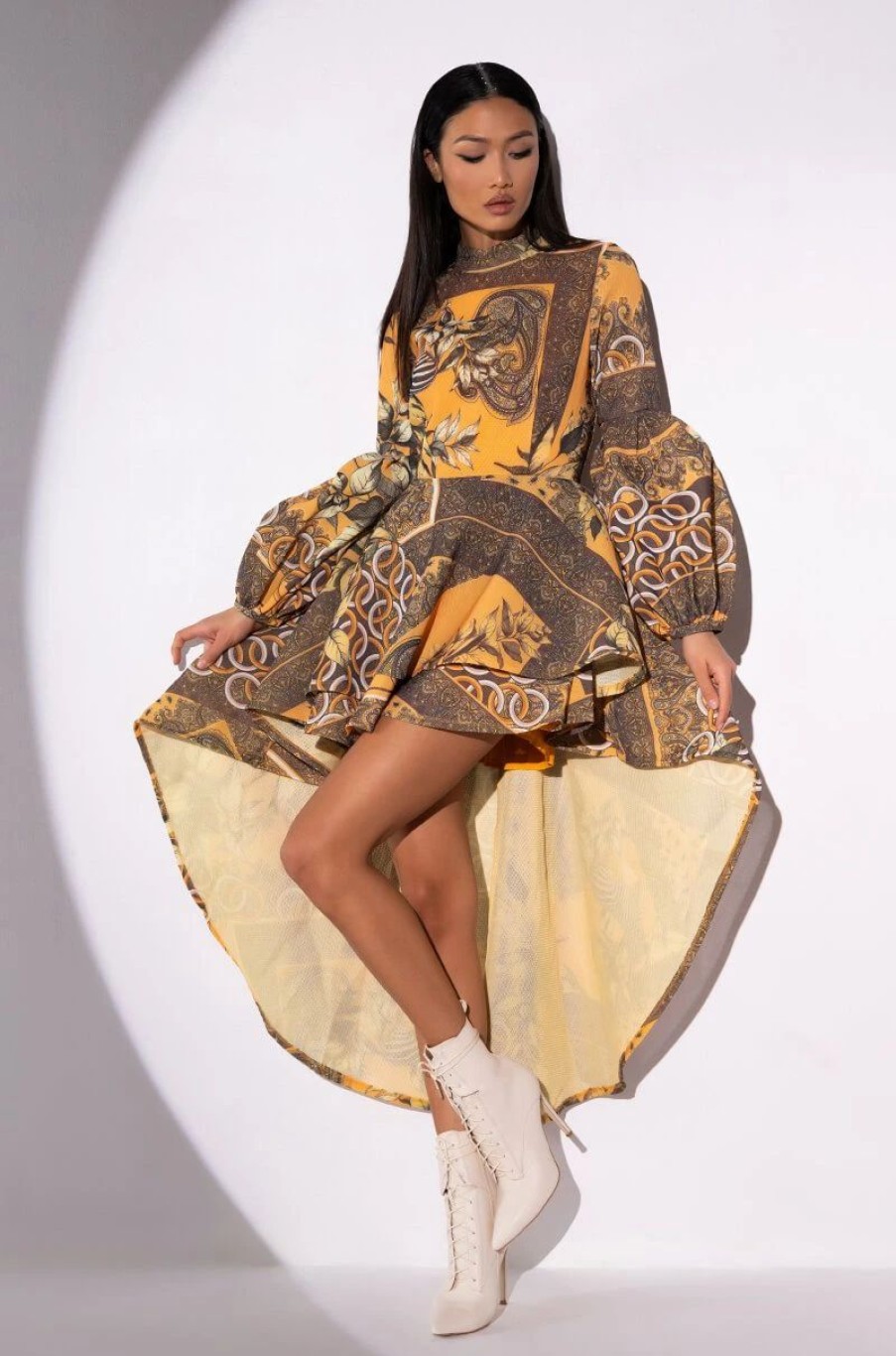 Mini Dresses * | Scarf Print High Low Long Sleeve Mini Dress Mustard