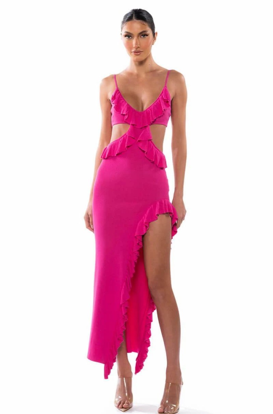 Sexy Dresses * | Happy Spirits Ruffle Knit Maxi Dress Fuchsia