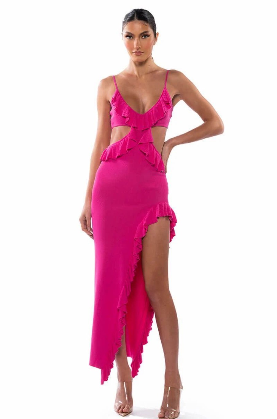 Sexy Dresses * | Happy Spirits Ruffle Knit Maxi Dress Fuchsia