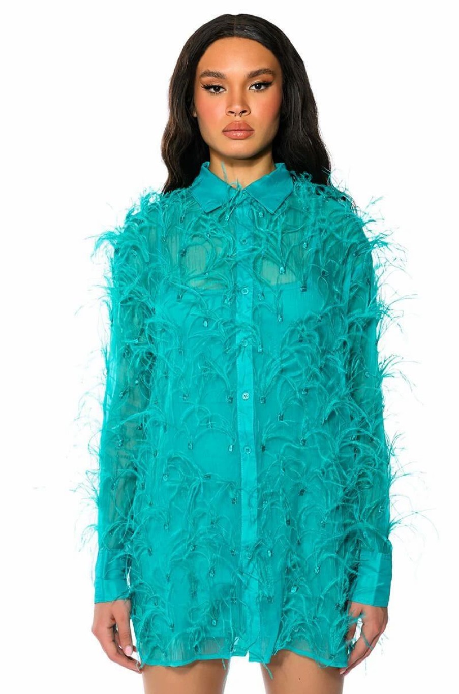 Mini Dresses * | Elsie Feather Detail Shirt Dress Emerald