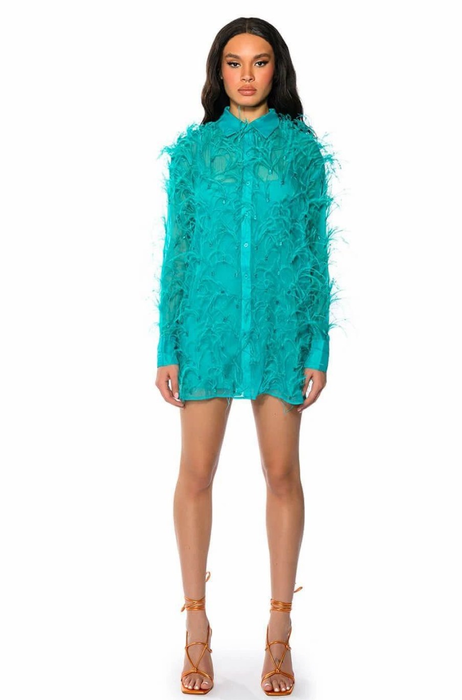 Mini Dresses * | Elsie Feather Detail Shirt Dress Emerald