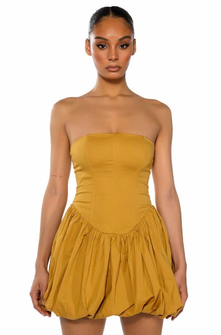 Mini Dresses * | Phoenix Faux Leather Strapless Mini Dress Caramel