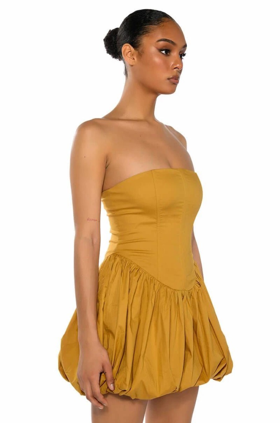 Mini Dresses * | Phoenix Faux Leather Strapless Mini Dress Caramel