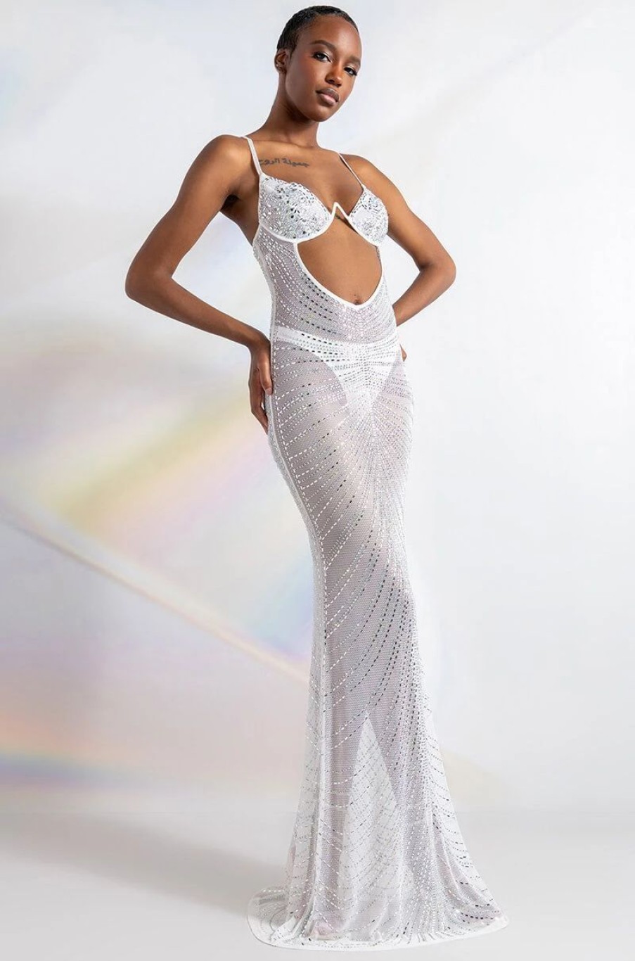 Sexy Dresses * | Luxx Is All I Know Rhinestone Mesh Maxi Dress White