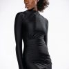 Mini Dresses * | Star Stretch Long Sleeve Mock Neck Ruched Mini Dress In Black