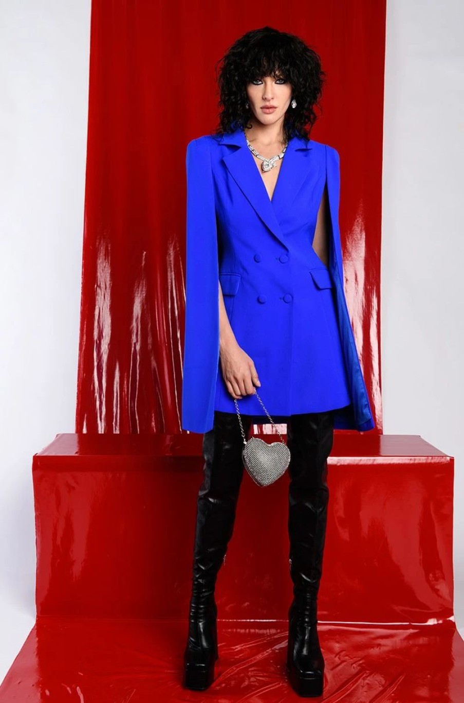 Mini Dresses * | A La Mode Mini Cape Blazer Dress Royal Blue