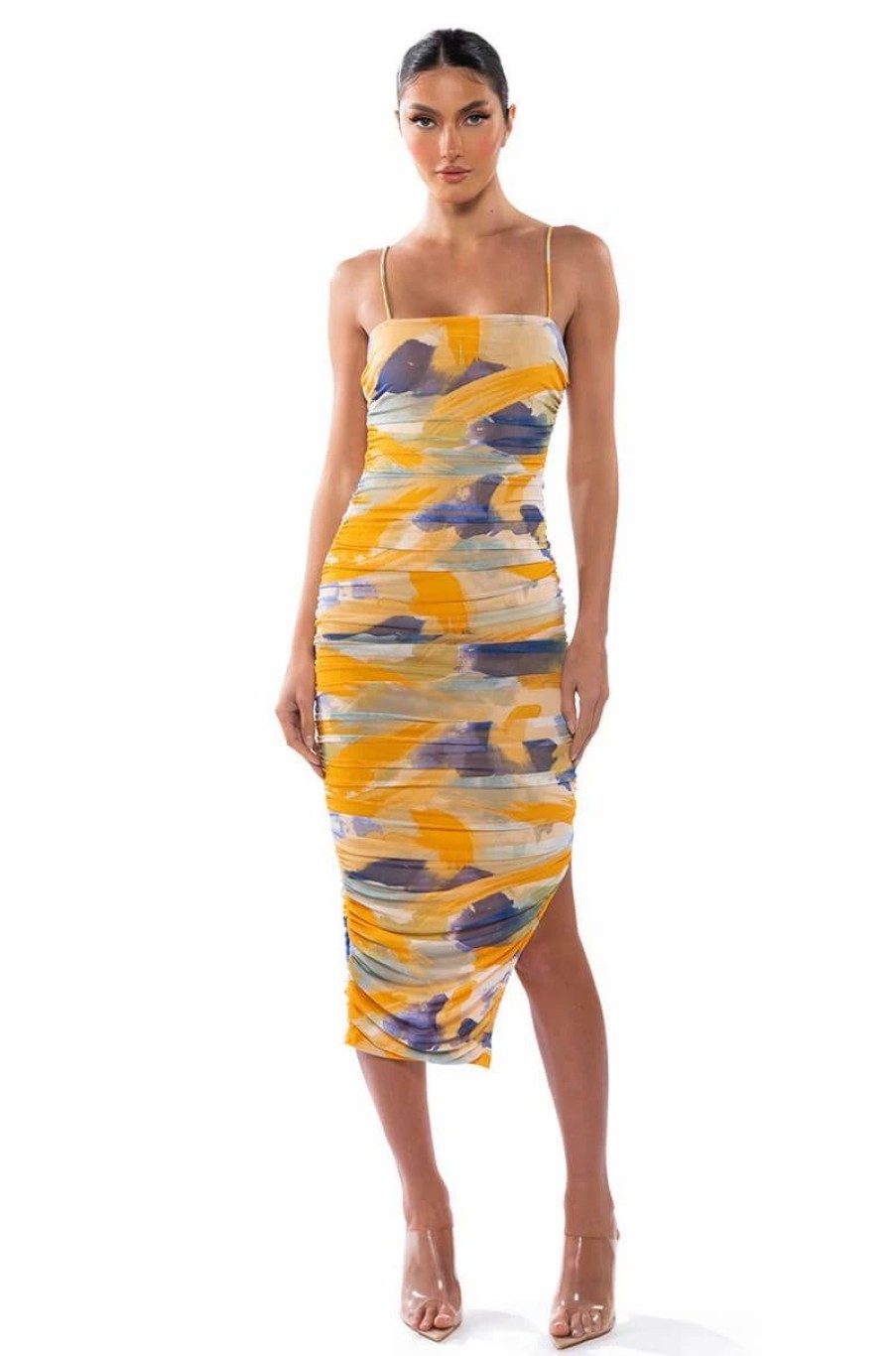 Sexy Dresses * | About Time Ruched Midi Dress Orange Multi