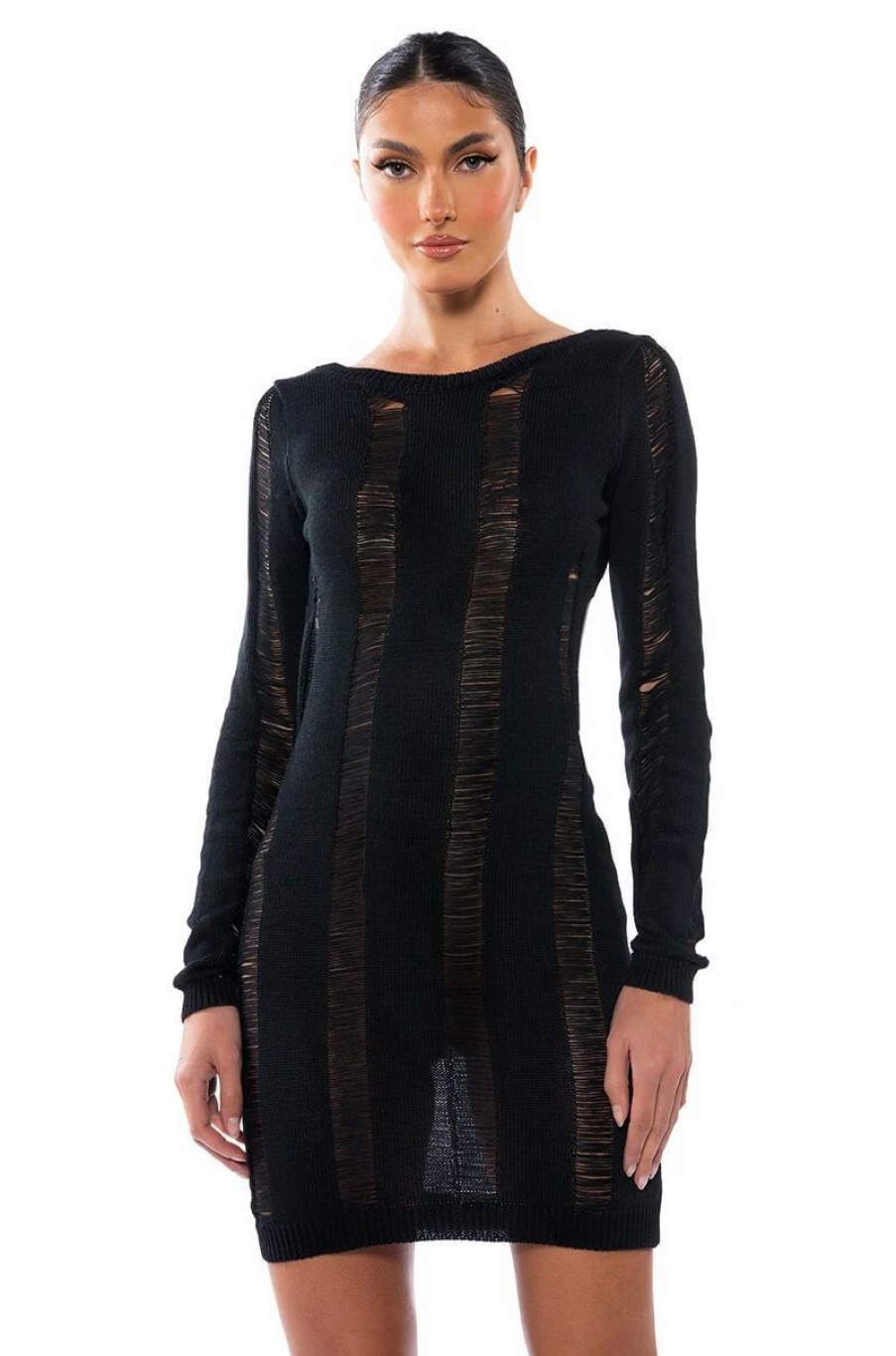 Sexy Dresses * | So Into You Shredded Open Back Knit Mini Dress Black