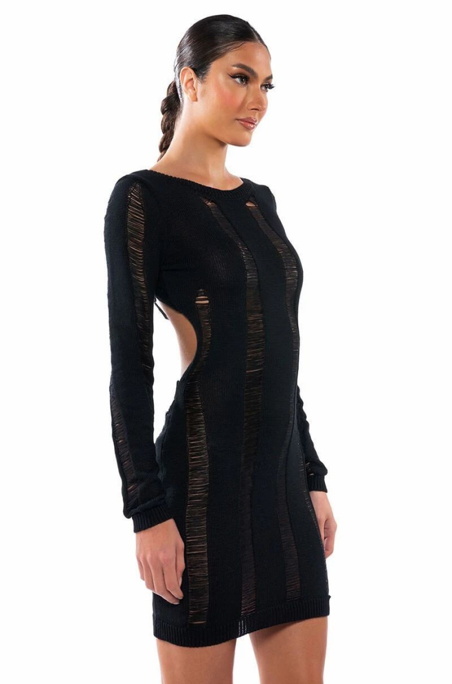 Sexy Dresses * | So Into You Shredded Open Back Knit Mini Dress Black