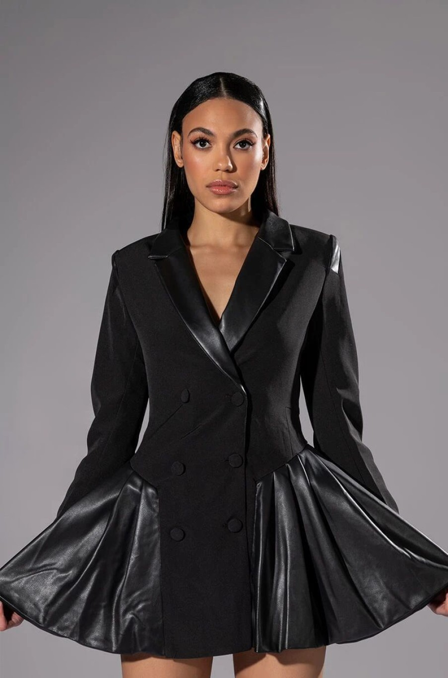 Mini Dresses * | Back To Business Faux Leather Detail Pleated Blazer Dress Black