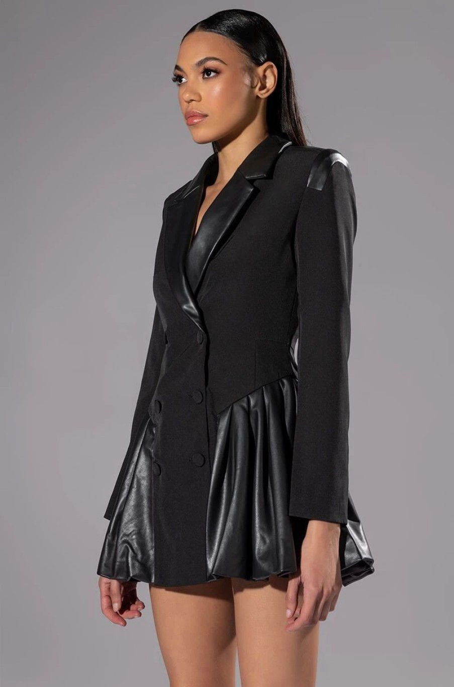 Mini Dresses * | Back To Business Faux Leather Detail Pleated Blazer Dress Black