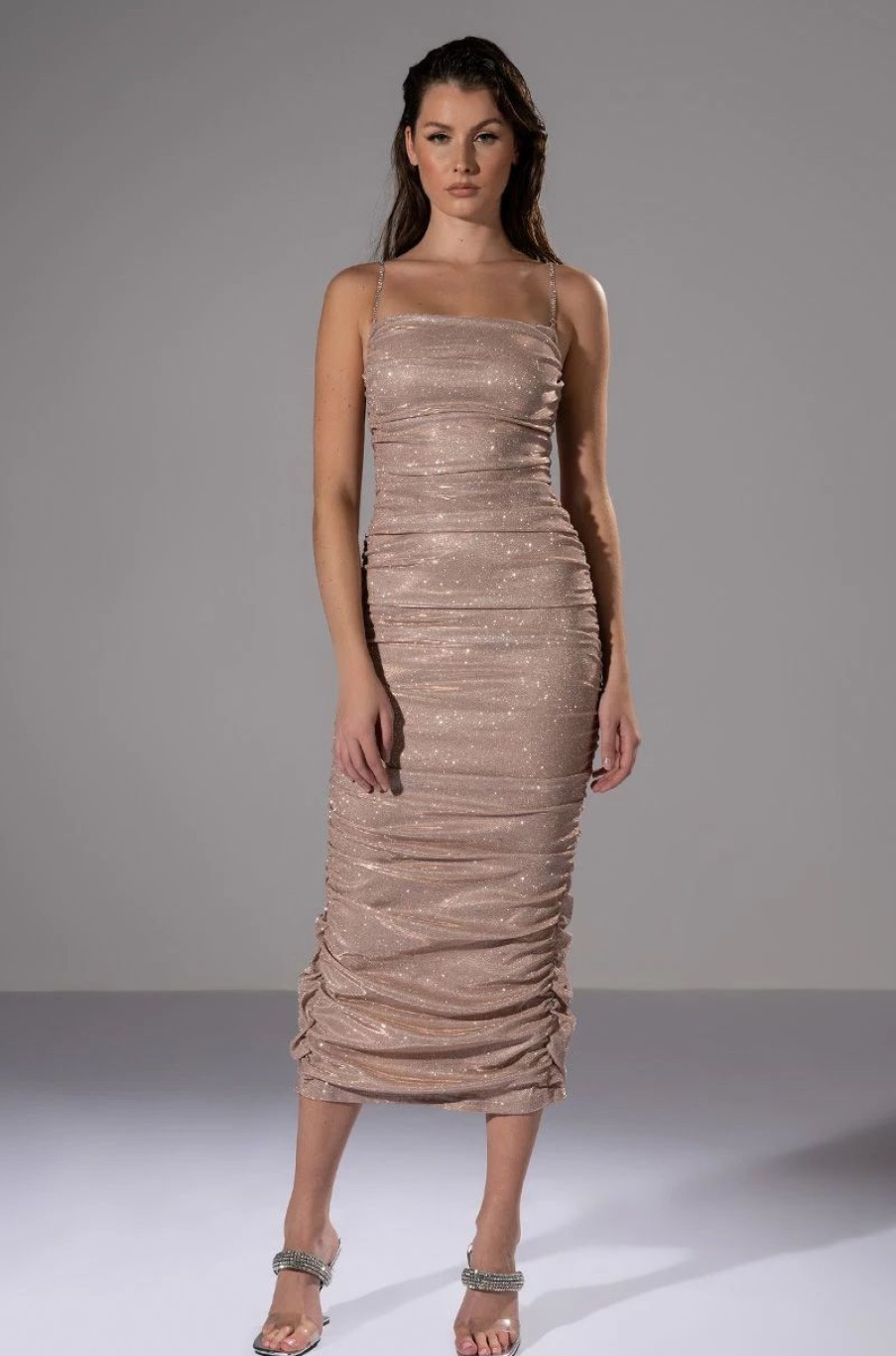 Sexy Dresses * | Falling Star Shimmer Ruched Maxi Dress Champagne